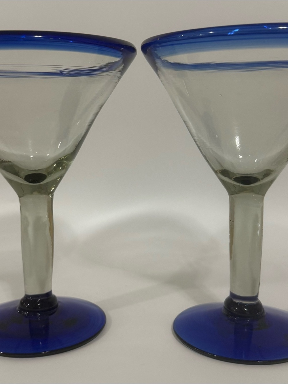 Set of 2 - Mexican Hand Blown Margarita Glasses Clear Bowl Blue Rim & Base